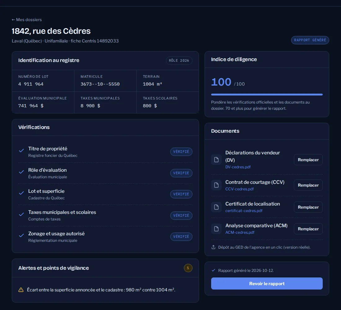 Dossier Immotitre avec l'indice de diligence et les alertes